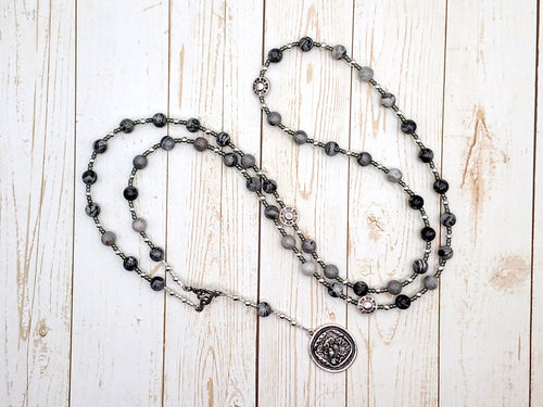 Athena Prayer Bead Necklace in Grey Jasper: Greek Goddess of Wisdom, Weaving and War