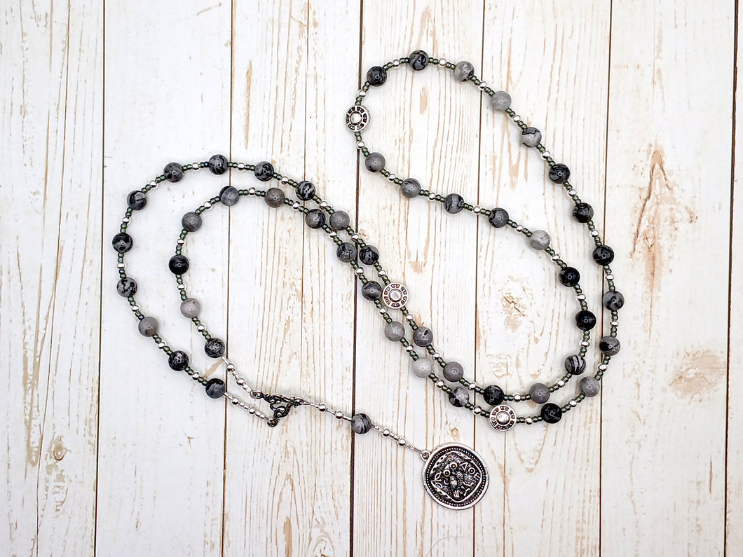 Athena Prayer Bead Necklace in Grey Jasper: Greek Goddess of Wisdom, Weaving and War