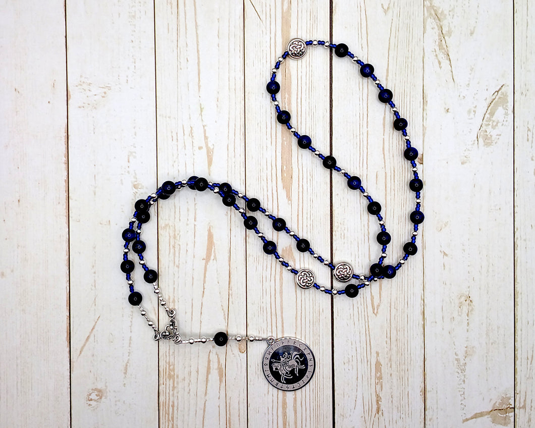 Odin Prayer Bead Necklace in Blue Tiger Eye: Norse God of Battle, Magic, Runes, Wisdom