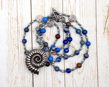 Ran Prayer Bead Necklace in Blue Sea Sediment Jasper with Nautilus Shell: Norse Goddess of the Sea