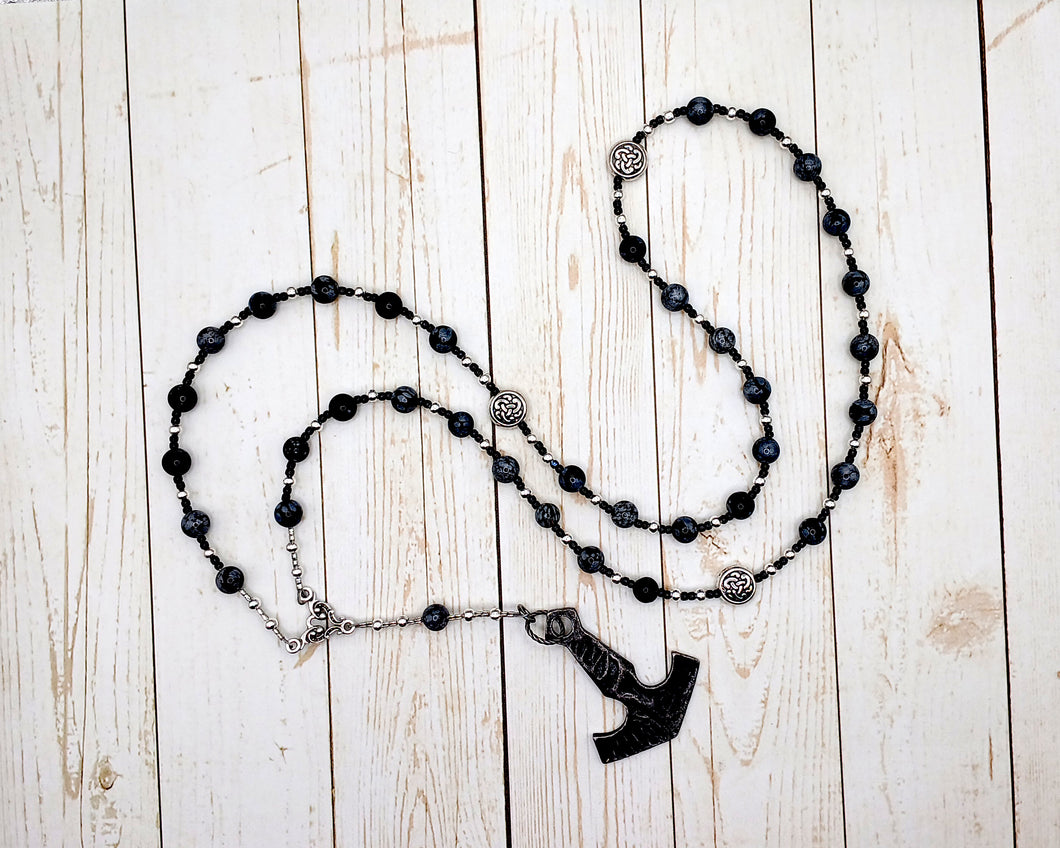 Thor Prayer Bead Necklace in Snowflake Obsidian: Norse God of Thunder, Protection, Fertility