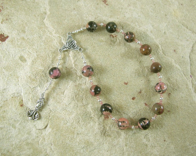 Aphrodite Pocket Prayer Beads in Rhodonite:   Greek Goddess of Love and Beauty - Hearthfire Handworks 