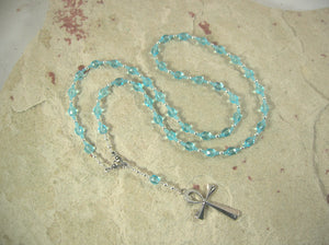 CUSTOM ORDER, RESERVED FOR S: Ankh Prayer Bead Necklace in Light Blue-Green Czech Fire Polished Glass