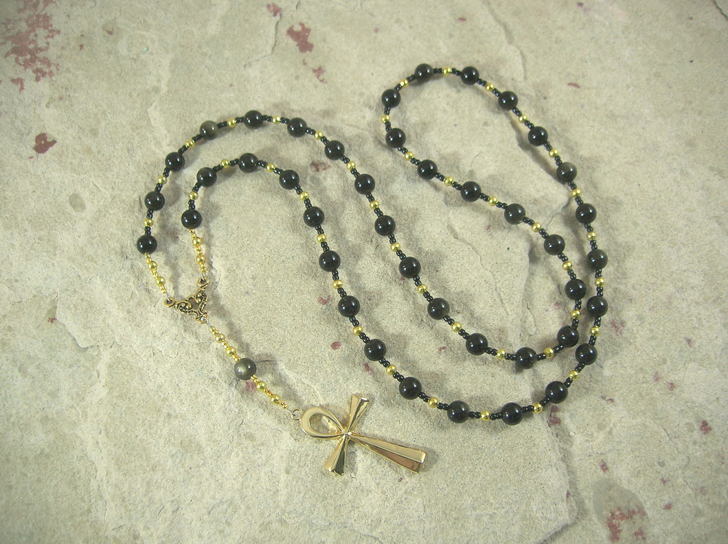 CUSTOM ORDER, RESERVED FOR S:  Ankh Prayer Bead Necklace in Obsidian, Egyptian Symbol for Life