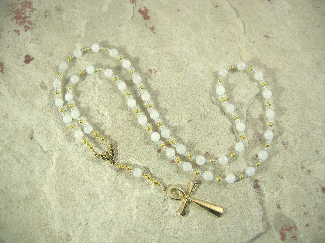 CUSTOM ORDER, RESERVED FOR S:  Ankh Prayer Bead Necklace in White Snow Quartz, Egyptian Symbol for Life