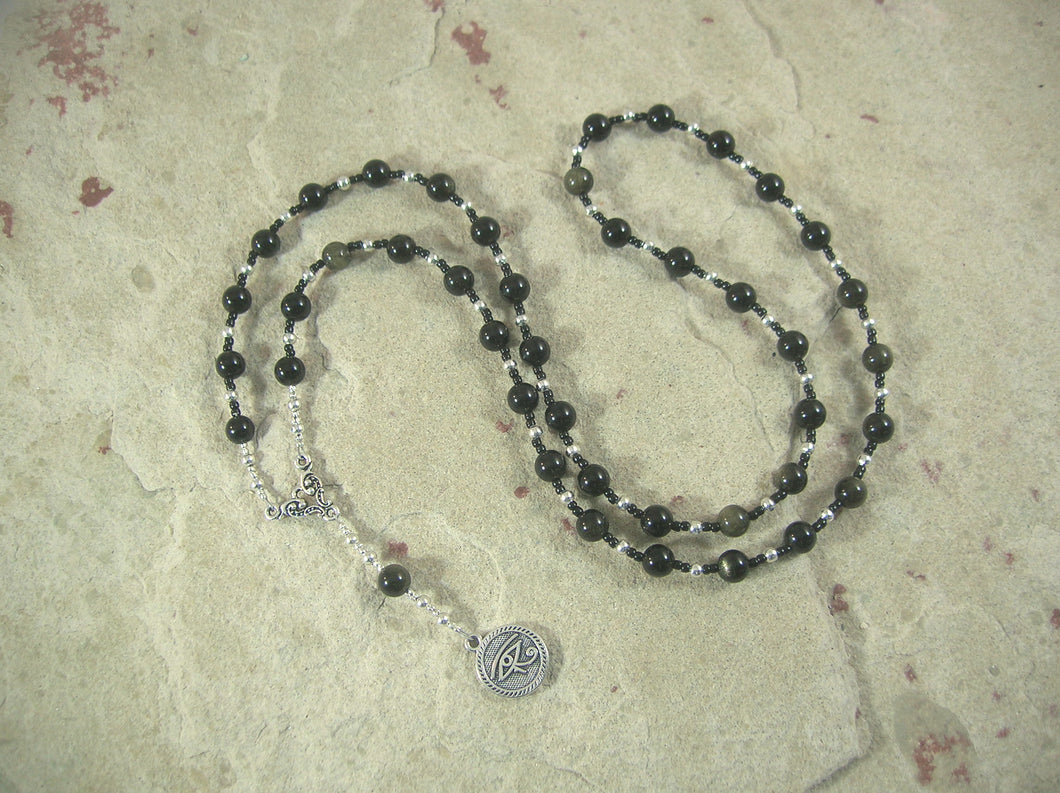 CUSTOM ORDER, RESERVED FOR S:  Eye of Horus Prayer Bead Necklace in Obsidian, Egyptian Symbol of Protection