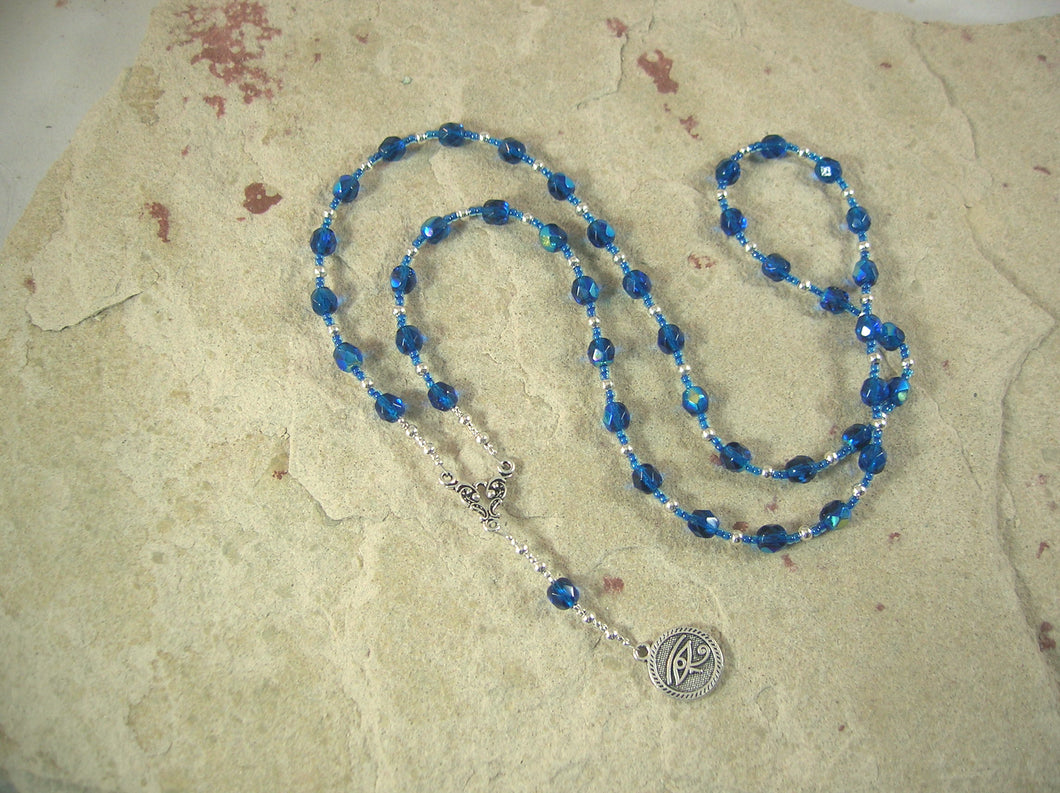 CUSTOM ORDER, RESERVED FOR S: Horus the Younger Prayer Bead Necklace in Dark Blue-green Czech Fire-polished Glass