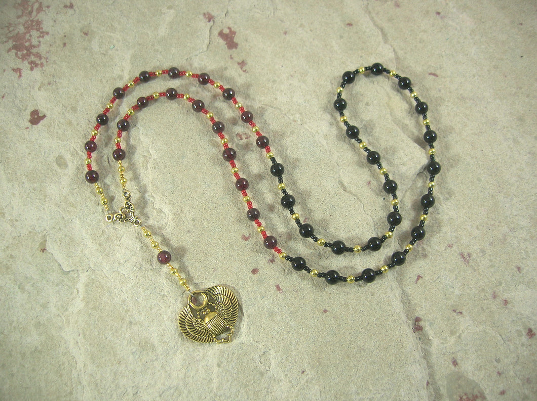 CUSTOM ORDER, RESERVED FOR S:  Khepera Prayer Bead Necklace in Garnet and Onyx, Egyptian God of Transformation, Rebirth, the Sun