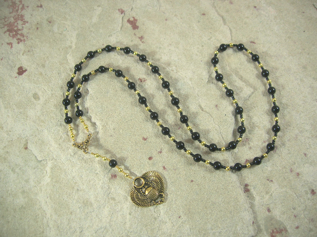 CUSTOM ORDER, RESERVED FOR S:  Khepera Prayer Bead Necklace in Onyx, Egyptian God of Transformation, Rebirth, the Sun