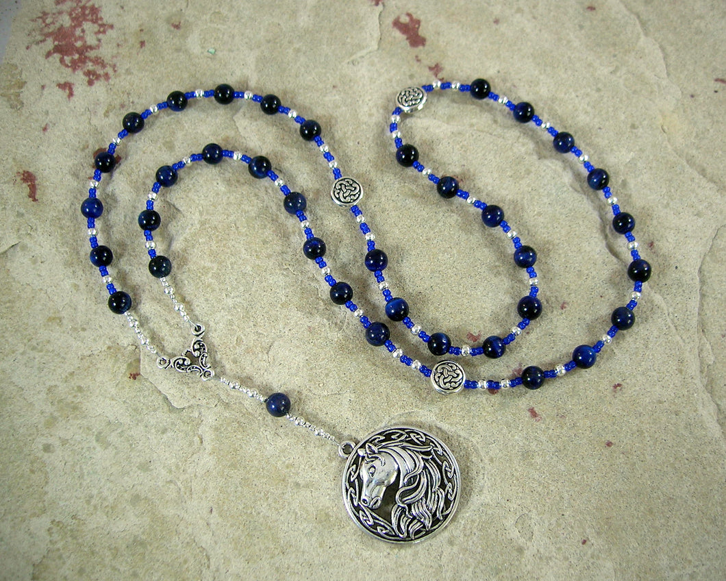 Epona Prayer Bead Necklace in Blue Tiger Eye:  Gaulish Celtic Goddess of the Horse - Hearthfire Handworks 