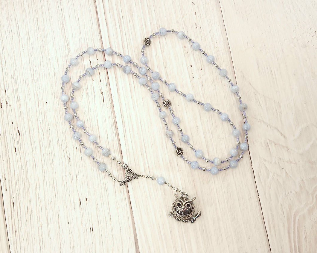 Athena Prayer Bead Necklace in Blue Lace Agate: Greek Goddess of Wisdom, Weaving and War