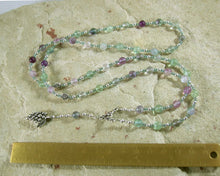 Dionysos Prayer Bead Necklace in Rainbow Fluorite: Greek God of the Grape, Theater, the Mysteries - Hearthfire Handworks 