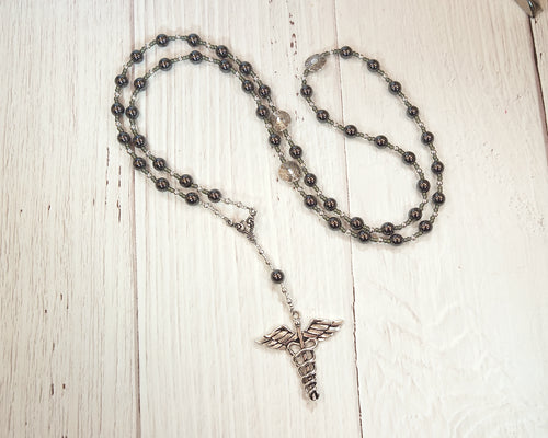 Prayer Bead Necklace in Hematite with Caduceus for the Greek God of Communication, Commerce, Competition, Diplomacy, Travel
