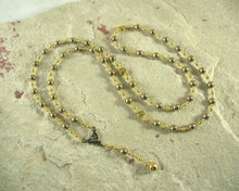 Eris Prayer Bead Necklace in Pyrite: Greek Goddess of Discord, Strife and Rivalry, Provoker of Competition, Agent of Ambition - Hearthfire Handworks 