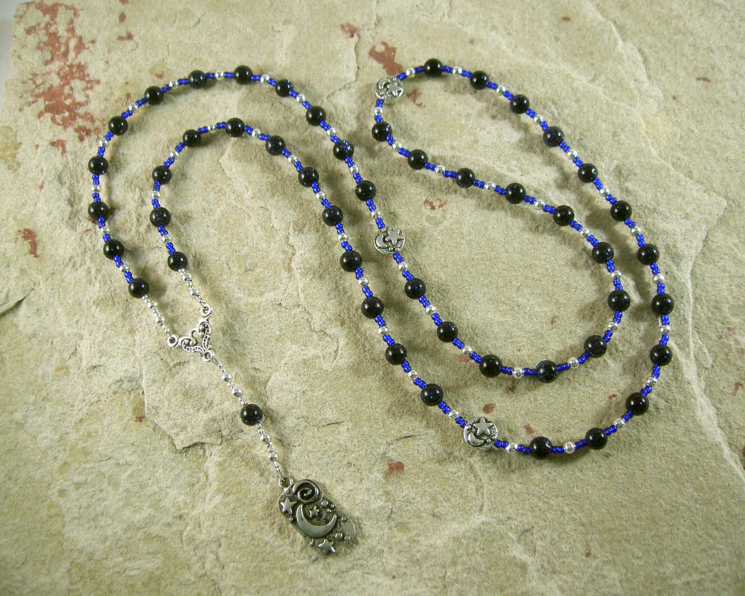 Nyx Prayer Bead Necklace in Blue Goldstone: Greek Goddess of the Night - Hearthfire Handworks 