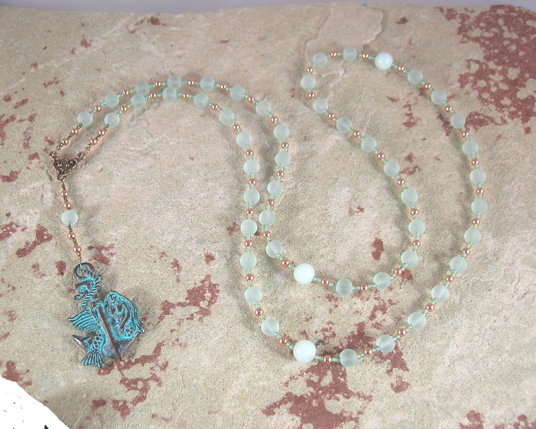Amphitrite Prayer Bead Necklace in Sea Glass and Amazonite: Greek Goddess, Queen of the Seas - Hearthfire Handworks 