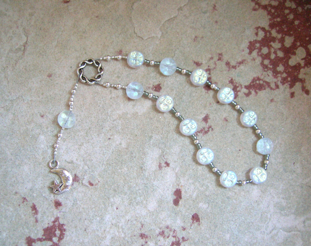 Selene Pocket Prayer Beads in White Pressed Glass: Greek Goddess of the Moon - Hearthfire Handworks 