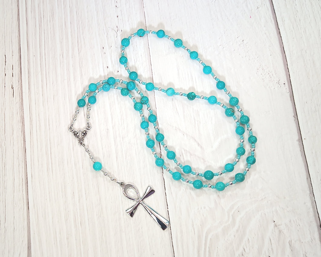 Egyptian Prayer Bead Necklace in Stabilized Turquoise with Ankh