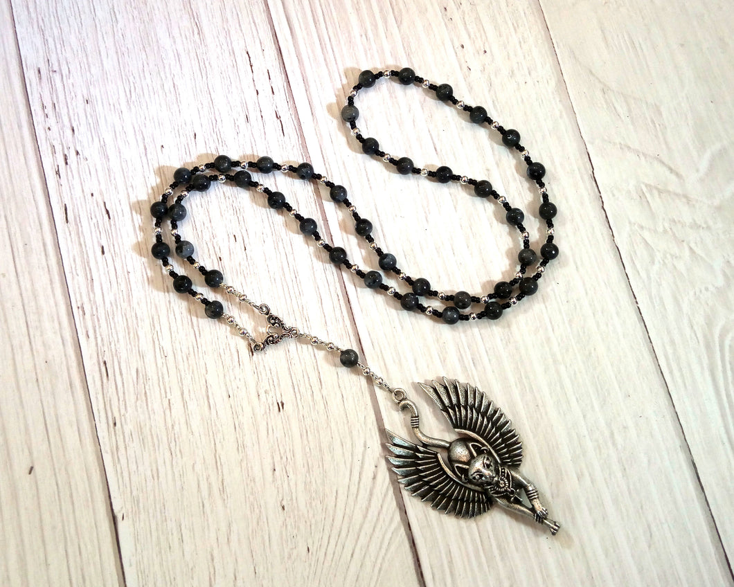 Bast (Bastet) Prayer Bead Necklace in Labradorite: Egyptian Goddess of Love, Joy, Music