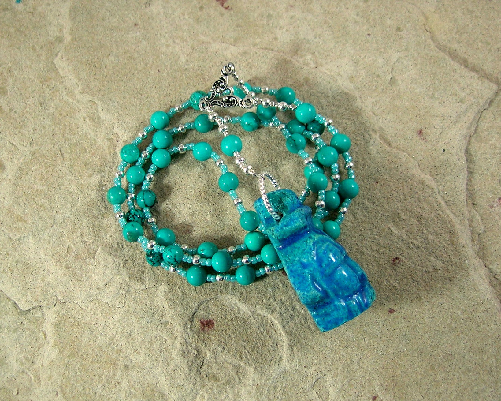 Stabilizing Turquoise Bes Prayer Bead Necklace in Stabilized Turquoise: Egyptian God of Hous ...