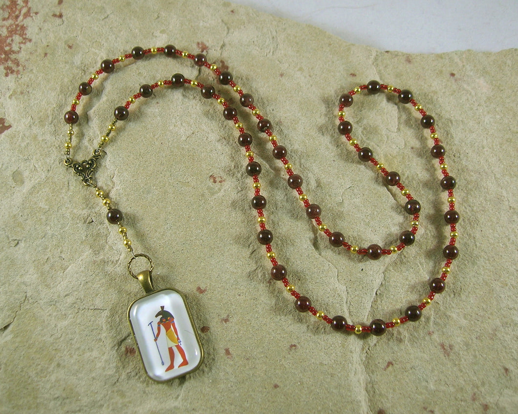Set Prayer Bead Necklace in Garnet: Egyptian God of Change, Chaos, Battle - Hearthfire Handworks 