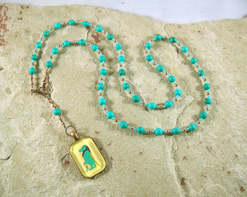 Taweret Prayer Bead Necklace in Stabilized Turquoise: Egyptian Goddess of Fertility, Motherhood, Childbirth - Hearthfire Handworks 