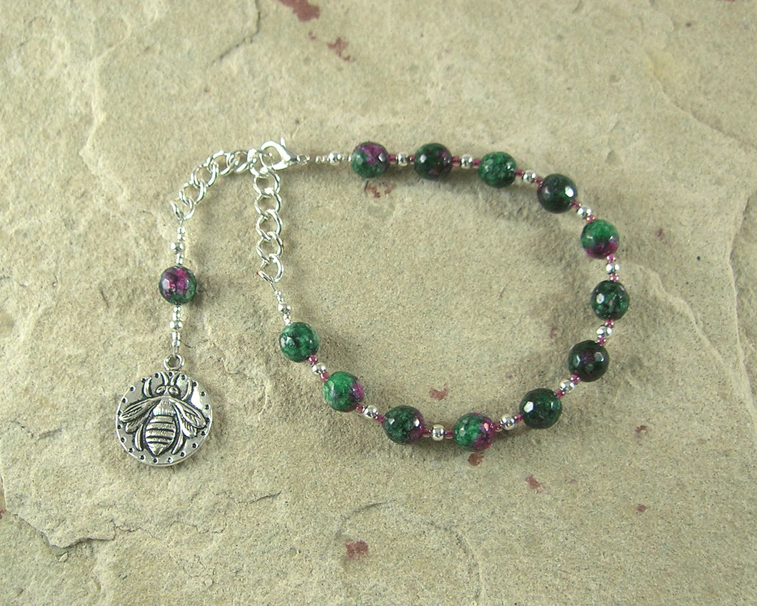 Aristaios Prayer Bead Bracelet in Ruby-Zoisite: Greek God of Excellence and Useful Arts - Hearthfire Handworks 