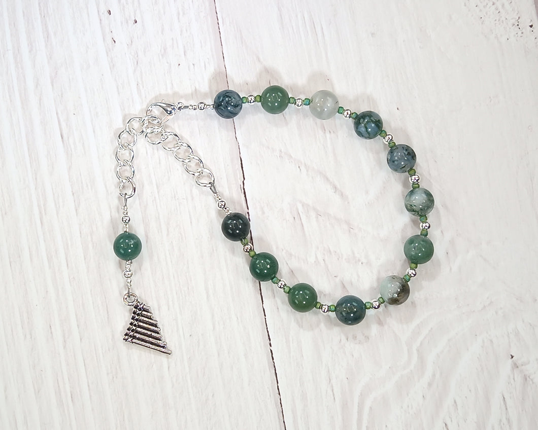 Pan Prayer Bead Bracelet in Moss Agate:  Greek God of the Forest, Mountains, Country Life